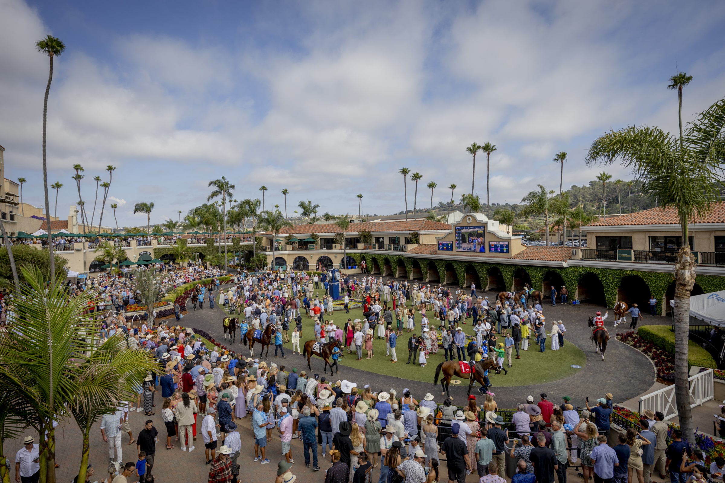 Where anticipation builds before the race begins. Crowd gathered around the paddock at Del Mar watching horses before a race