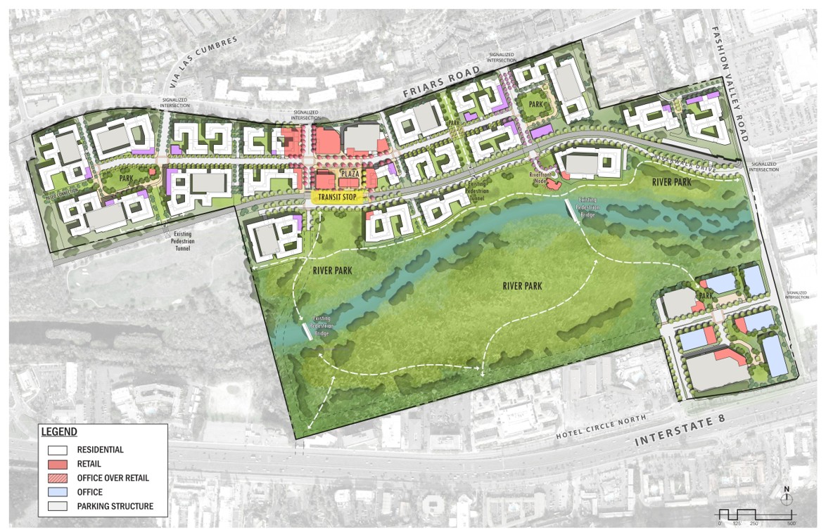 Map of proposed riverwalk in San Diego, California.