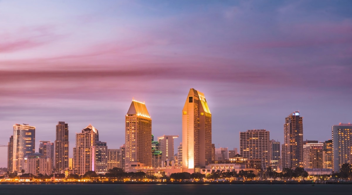 Downtown San Diego city skyline during sunset.