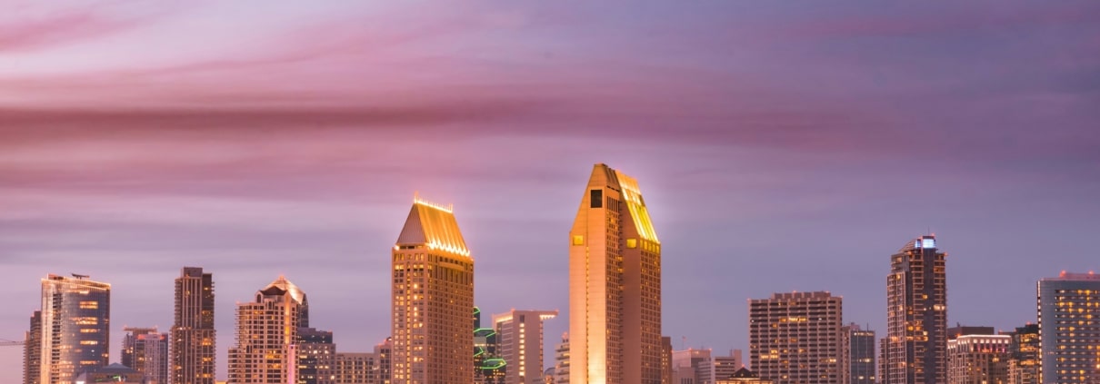 Downtown San Diego city skyline during sunset.